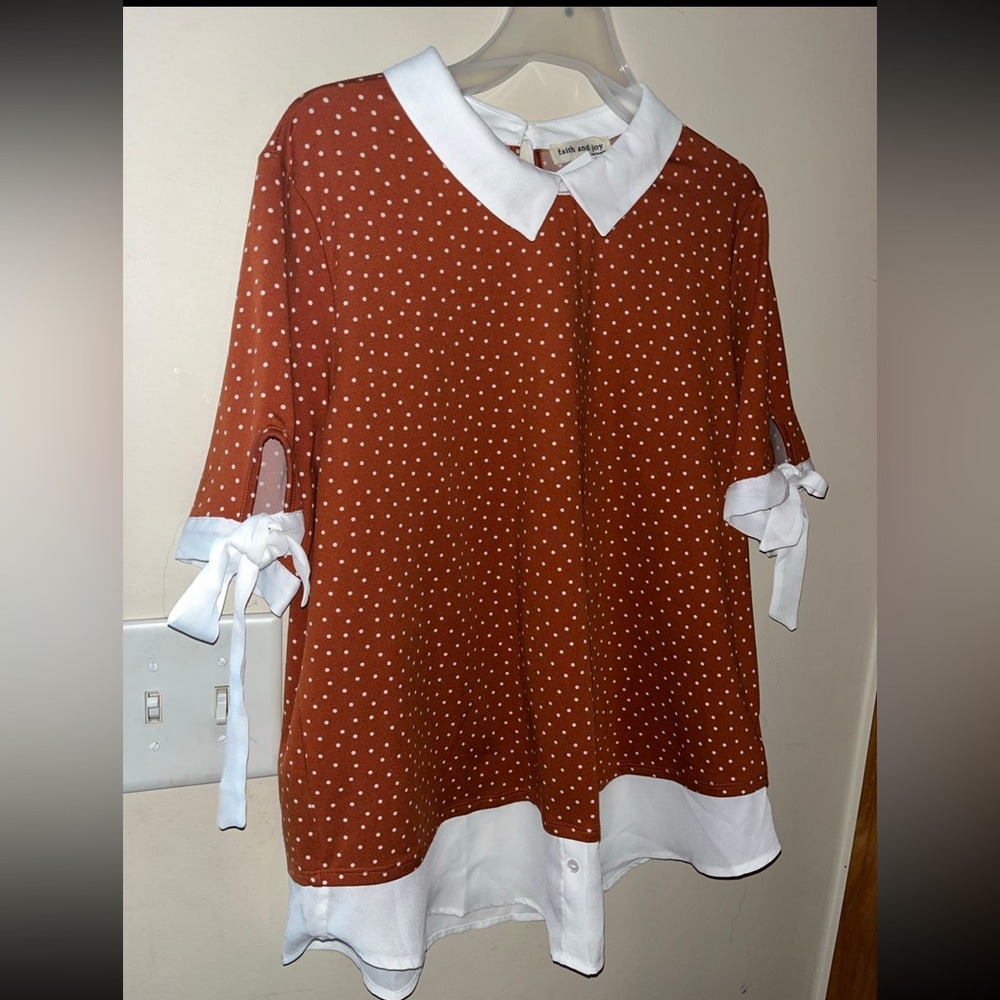 Faith and Joy Brown Top with White Polka Dots Size XL New